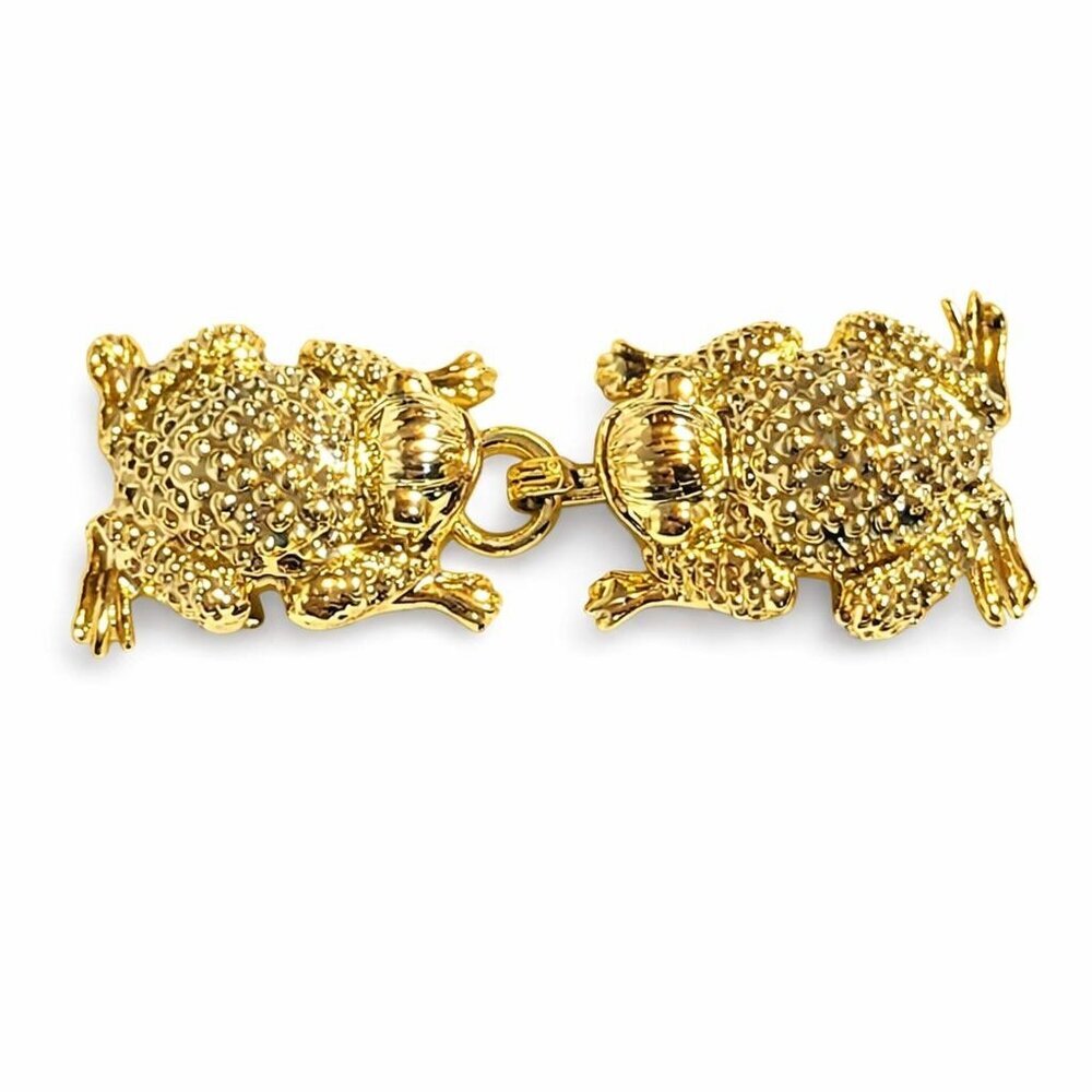 Vintage Frog Belt Buckle 2 pc Gold Tone 1980s Metal Hook & Eye
